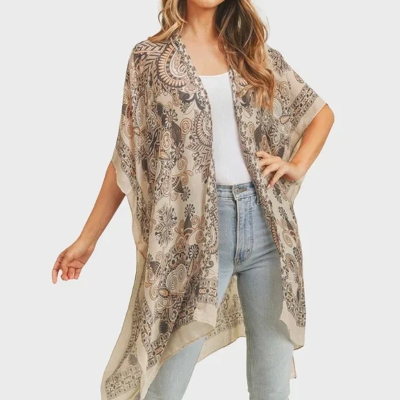 BOHEMIAN PRINT KIMONO BIKINI COVER UP - TAUPE - Picture 2 of 4